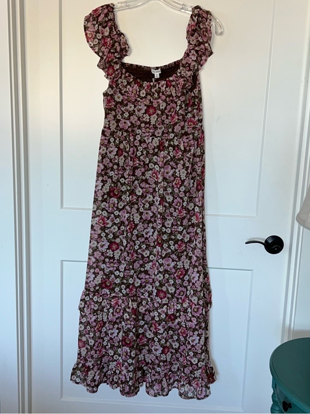 Blu Pepper Brown Floral Maxi Dress with Pink and White Blooms. NWT